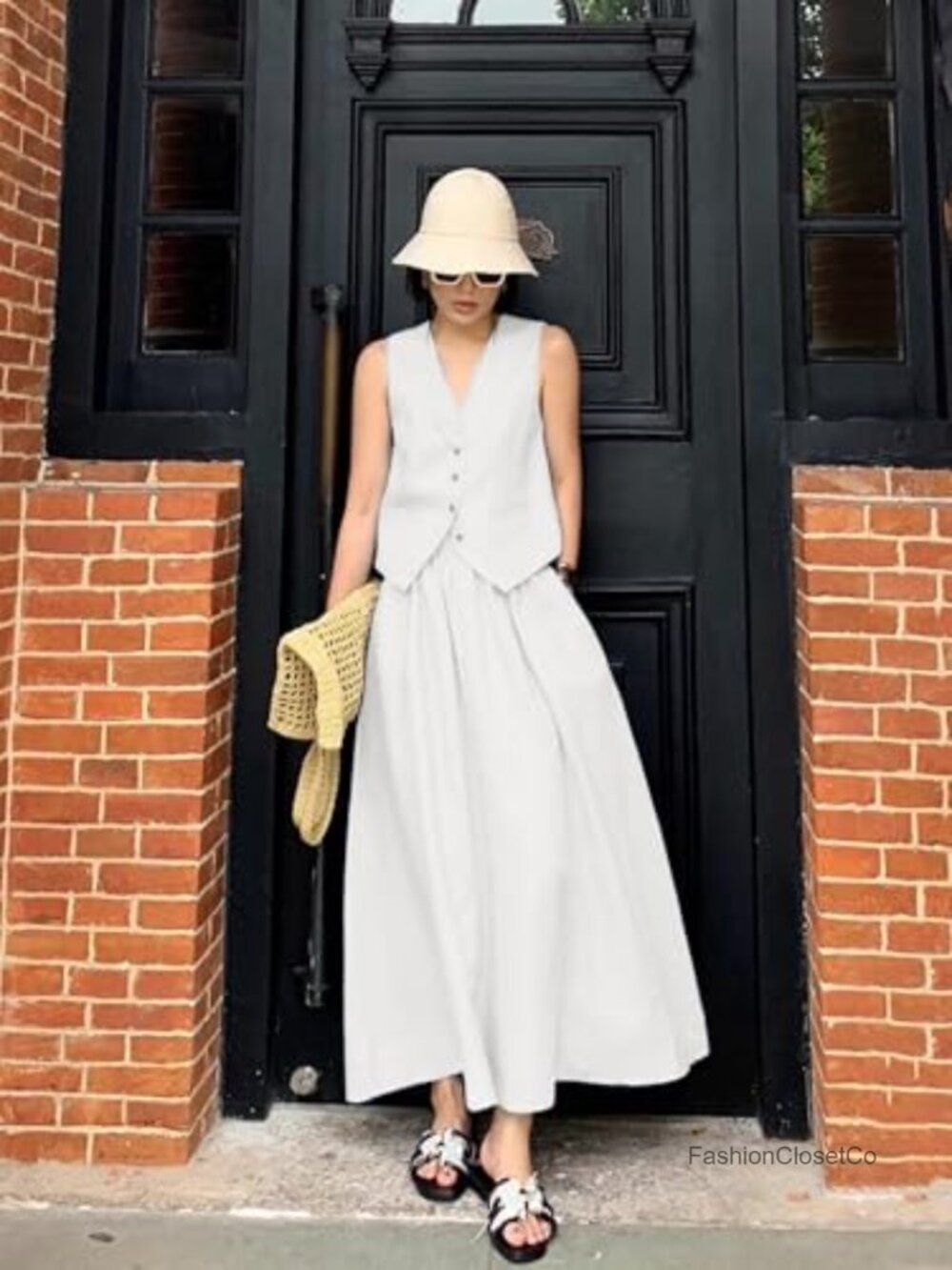 Linen Blend 2 Piece Vest Top & Flowy Maxi Skirt Set Summer Outfit - Picture 4 of 6